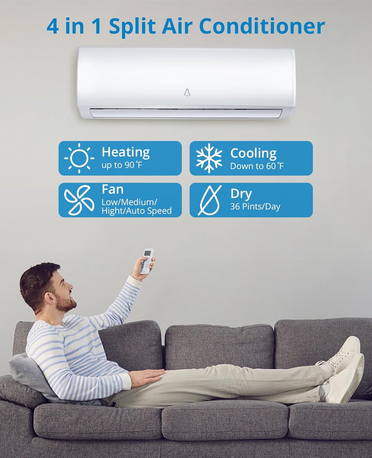 ACONEE 9000 BTU Smart Mini Split Aire AcondicionadoSistema de Calefacción 19 SEER Split Inverter AC con bomba de calor precargada y kit de