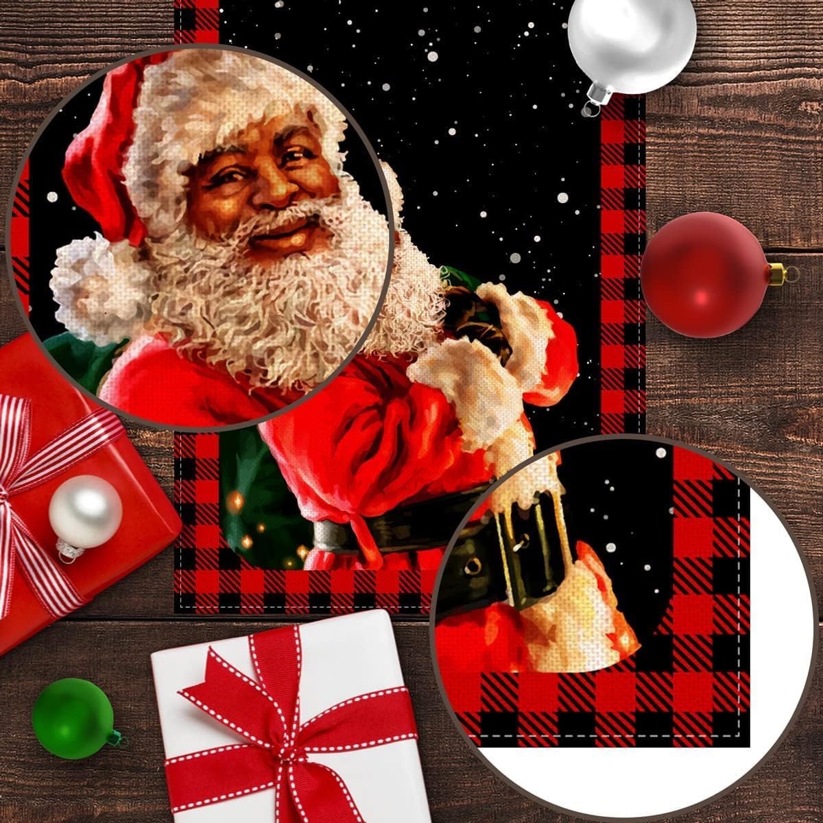 Camino de mesa de Navidad afroamericano, a cuadros, de Papá Noel, color negro, a cuadros, vacaciones, fiesta, cocina, comedor, decoración del hogar