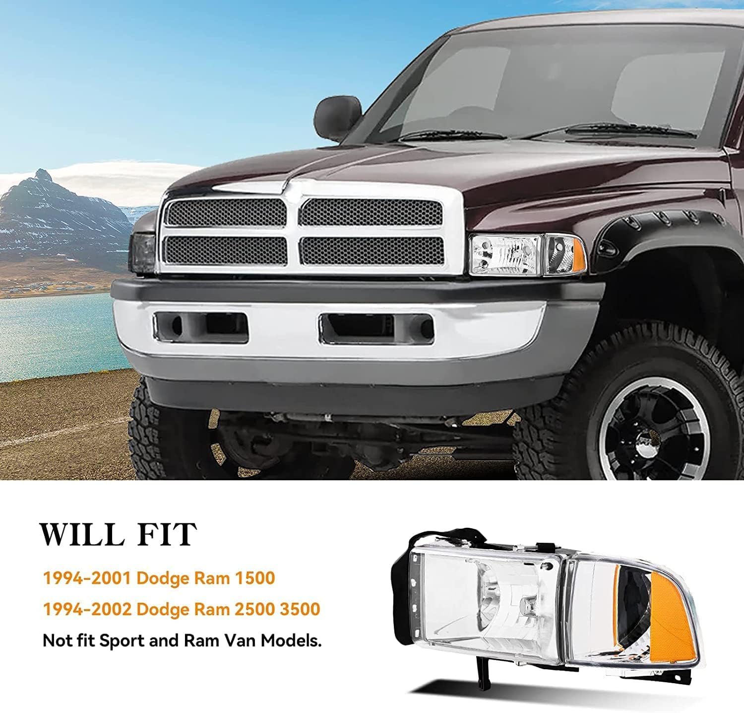 Conjunto de faros delanteros compatible con Dodge Ram 1994-2001 15001994-2002 Dodge Ram 2500 3500 Pickup con luces de esquina 1995 1996 1997 1998
