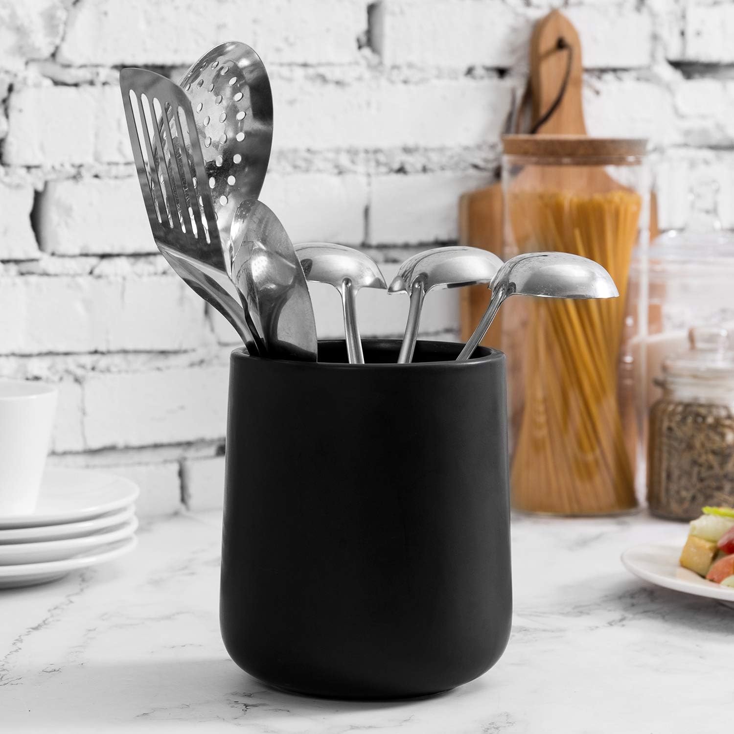 MyGift Soporte para utensilios de cocina negro mate con base redondeada, organizador de utensilios de cocina de cerámica moderno de 6 pulgadas para