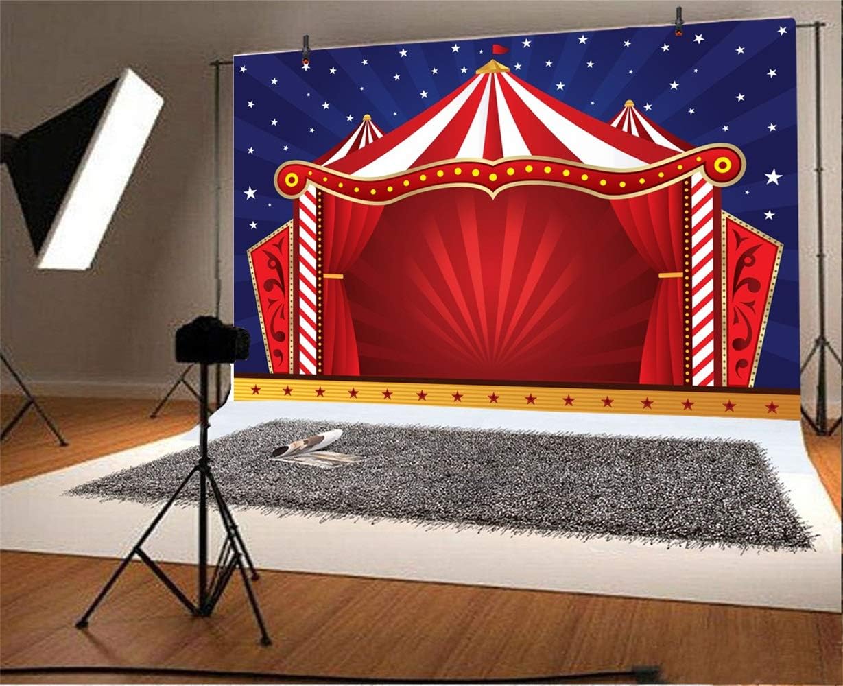 Laeacco Telón de fondo rojo para tienda de campaña de circo de dibujos animados, rayas rojas y blancas, cortina roja de circo, 5 x 3 pies, fondo de