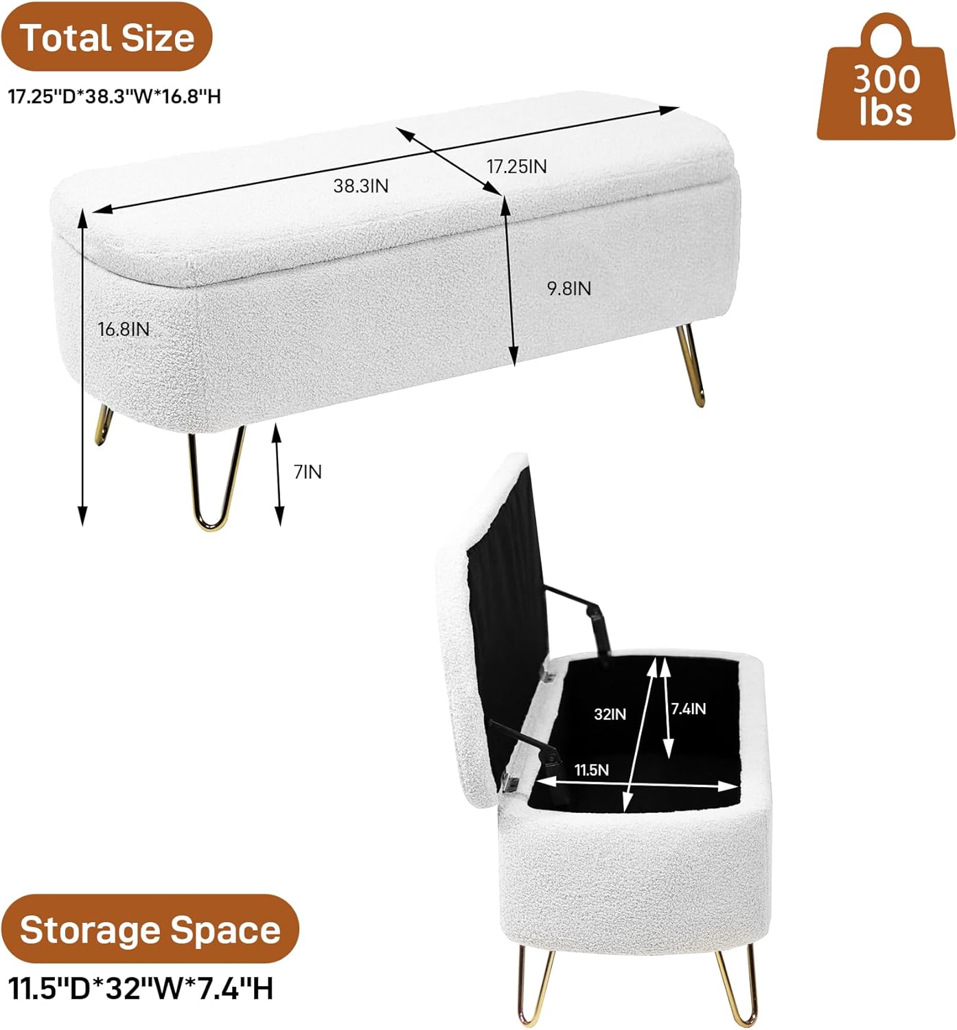 DAMAIFROM Banco otomano de almacenamiento para dormitorio, extremo de la cama, otomana de almacenamiento de peluches con patas doradas, banco