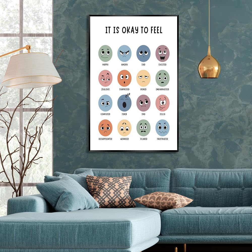 BFADMN Lienzo bohemio con texto en inglés It Is Okay To Feel, arte para pared de salud mental, decoración de sala de juegos, póster de arte infantil