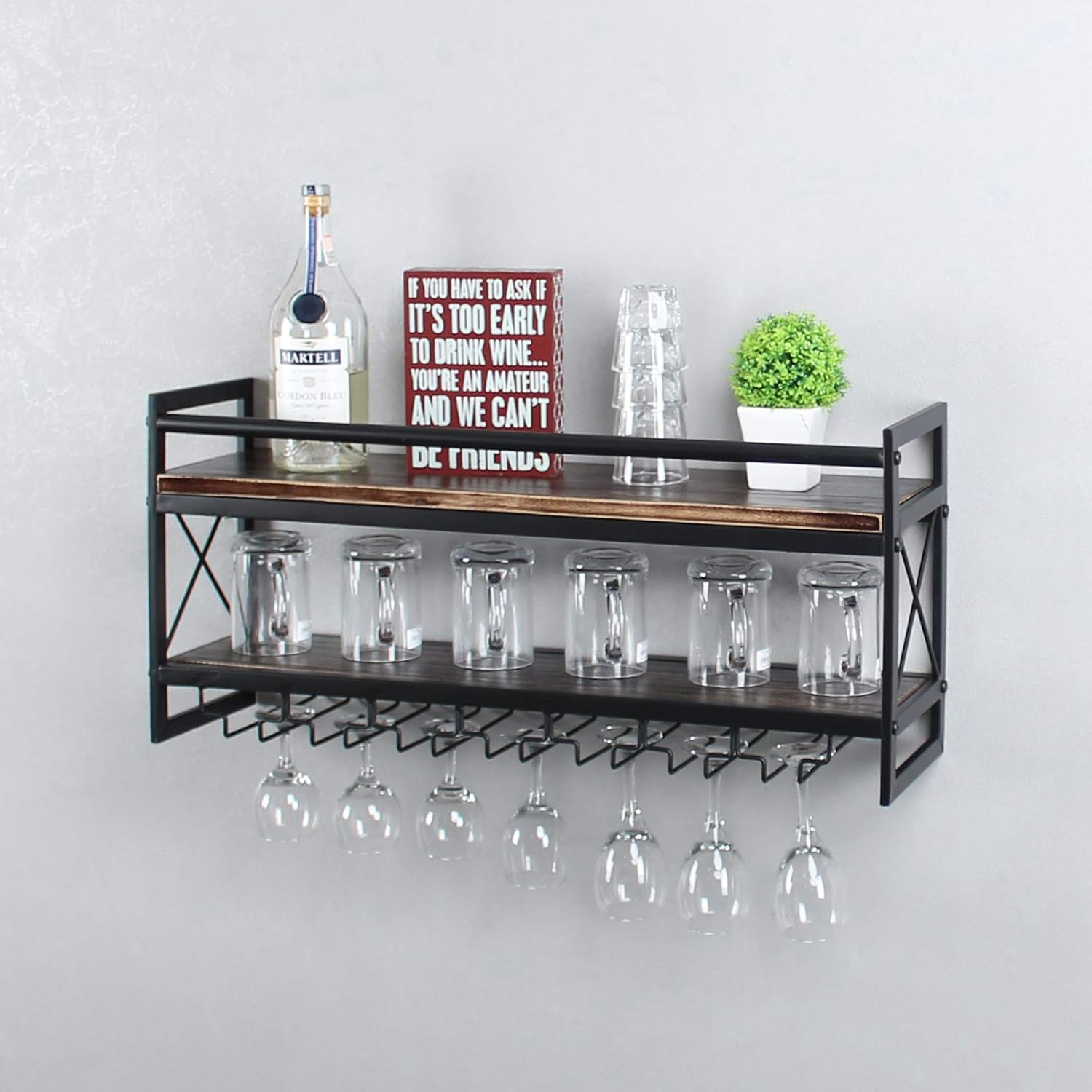 MBQQ Estante de vidrio para vino, estante industrial de madera de 2 niveles, estantes de vino de 30 pulgadas para montar en la pared con 7 soportes