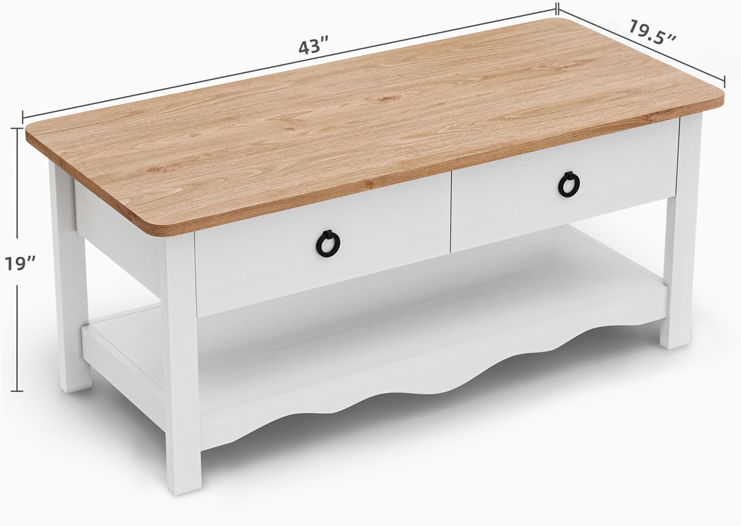 DWVO Mesa de centro rústica, mesas de centro rectangulares con estante de almacenamiento y cajones, mesa de centro de mesa de madera natural para