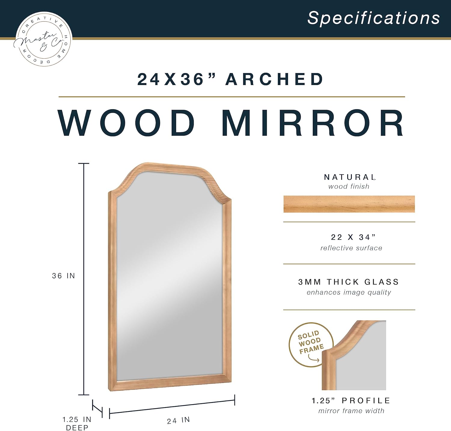 MCS Master & Co. Espejo de pared arqueado de madera, espejo rectangular de decoración minimalista con parte superior arqueada para entrada,
