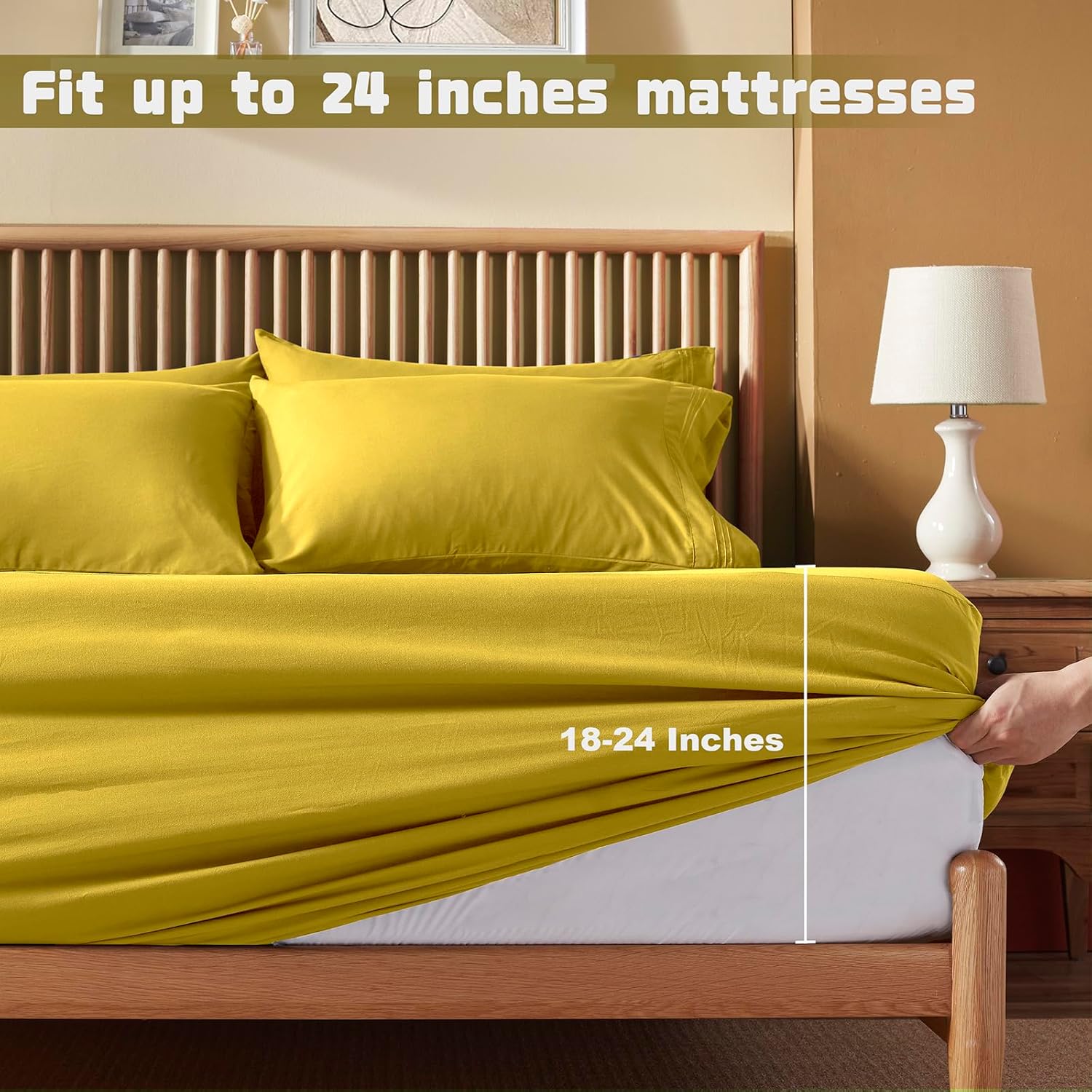 Homiest Juego de sábanas de bolsillo extra profundo, 6 piezas de sábanas suaves de color amarillo mostaza de 18 a 24 pulgadas, sábanas de microfibra
