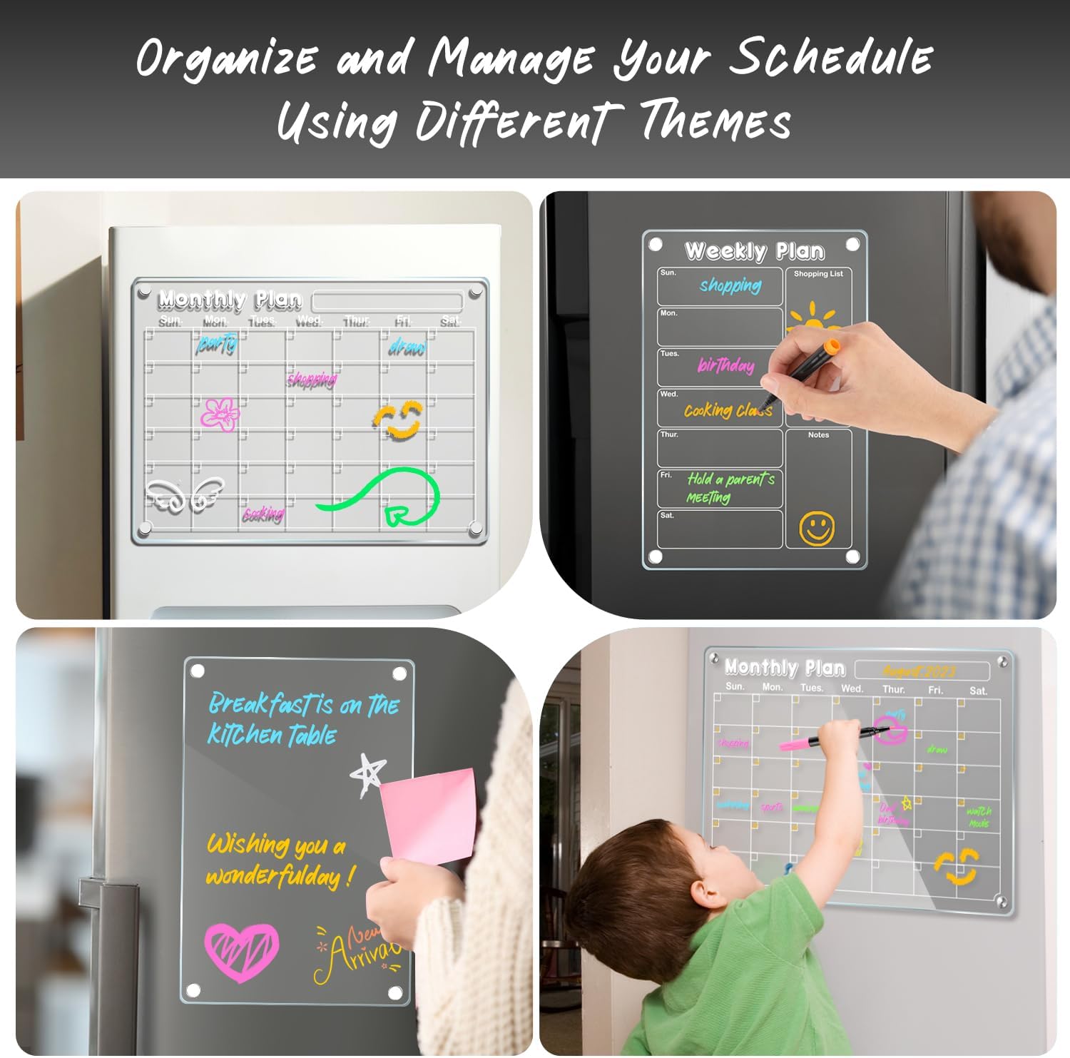 DIYMAG Paquete de 3 calendarios magnéticos de acrílico de borrado en seco para refrigerador, juego de tablero de planificación de calendario