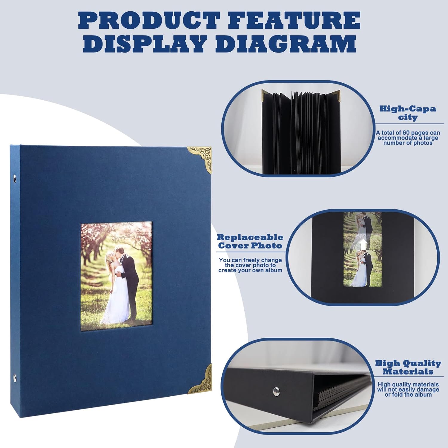 LELE LIFE Álbum de recortes – Álbum de fotos de tapa dura de 6 x 10 pulgadas, con 60 páginas de papel súper grueso de 12.35 ozm, carpeta de 3