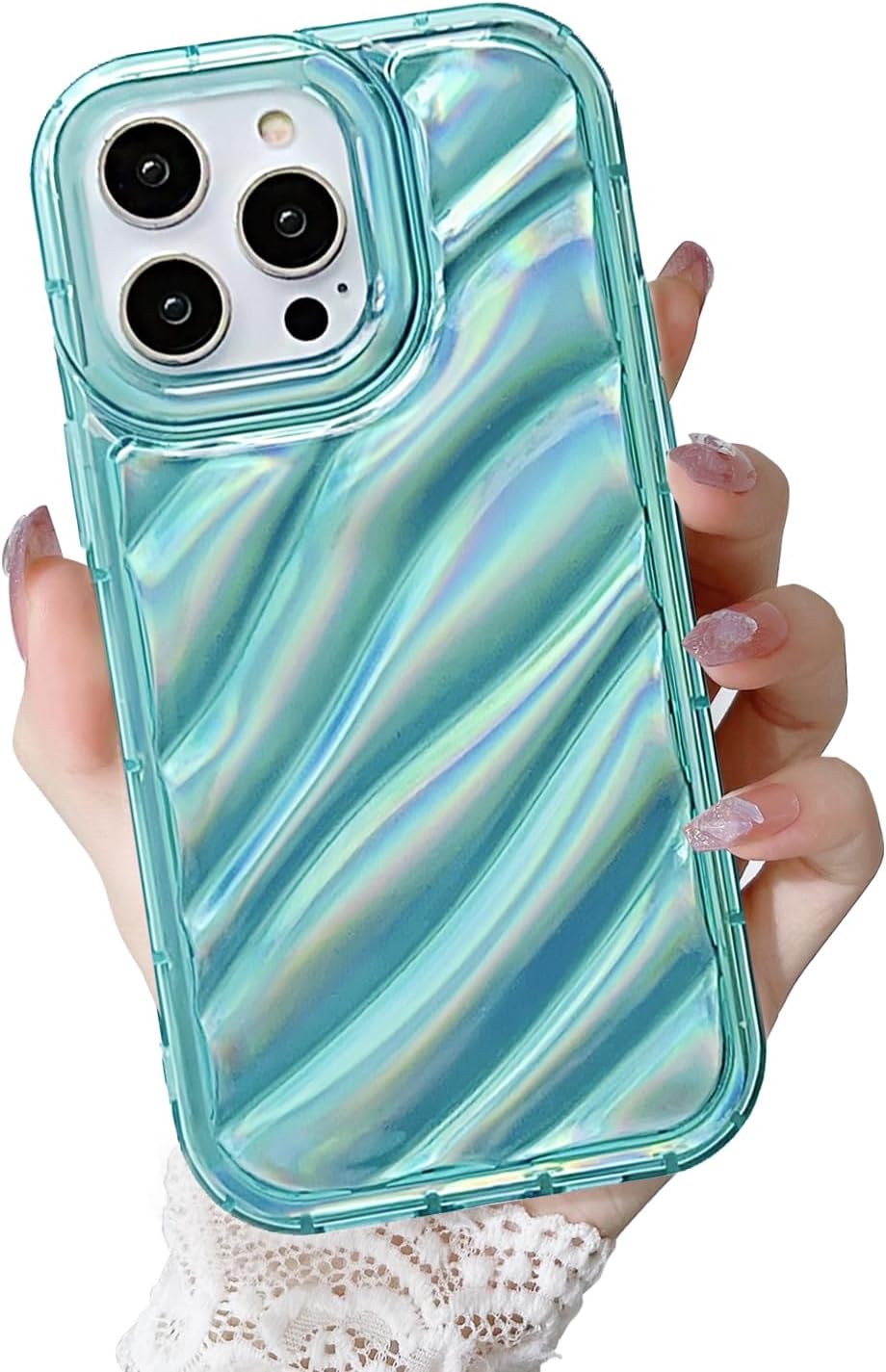 Finyosee Funda compatible con iPhone 13 Pro Max, bonita funda de lujo con diseño de patrón ondulado de agua, diseño holográfico láser de color