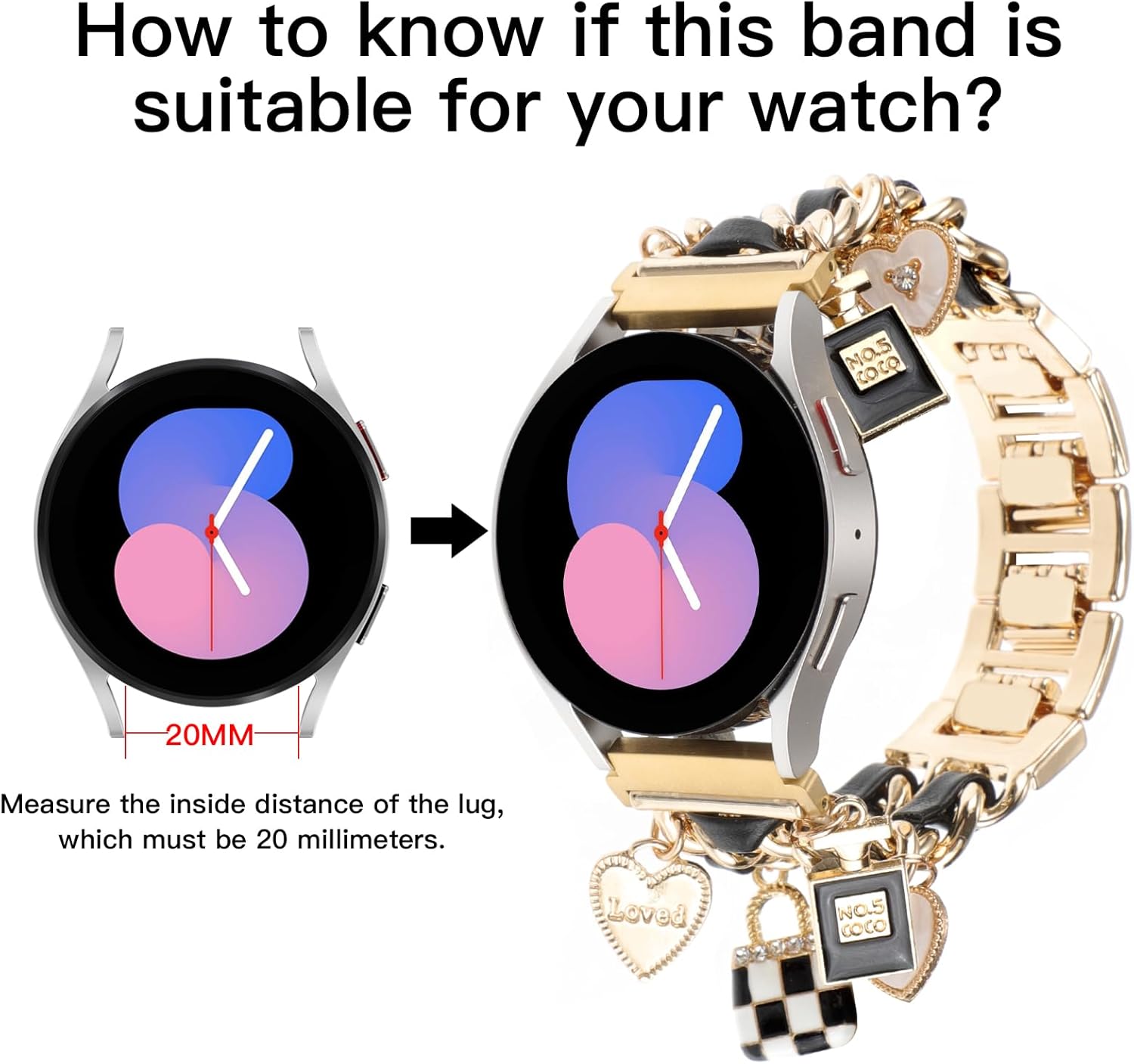 REALSIGN Elegante correa de reloj de metal de 0.787 pulgadas compatible con Samsung Galaxy Watch 6 5 4 401.732 in, Watch 4 Classic 421.811 in, Watch