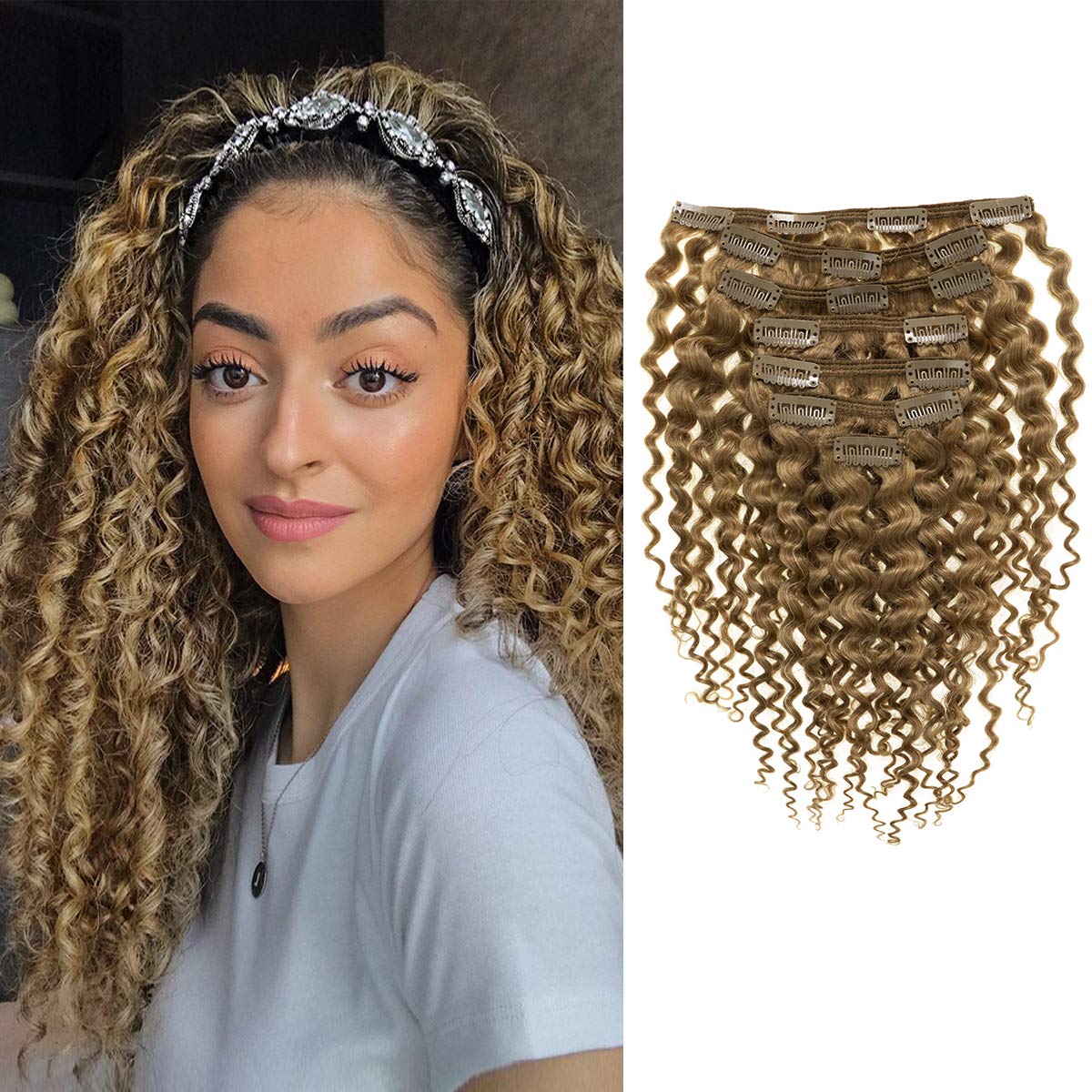 Anrosa Extensiones de cabello humano rizado con clip, 14 pulgadas, 3B 3C, extensiones de cabello rizado color rubio fresa, extensiones de cabello