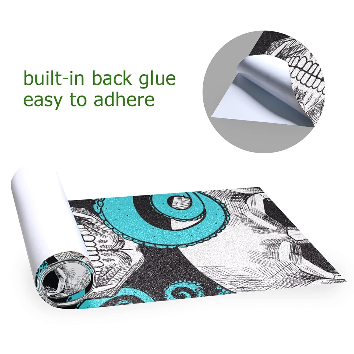 Cinta adhesiva de papel de lija para patineta con diseño de calaveras y pulpos, impermeable, resistente al desgaste