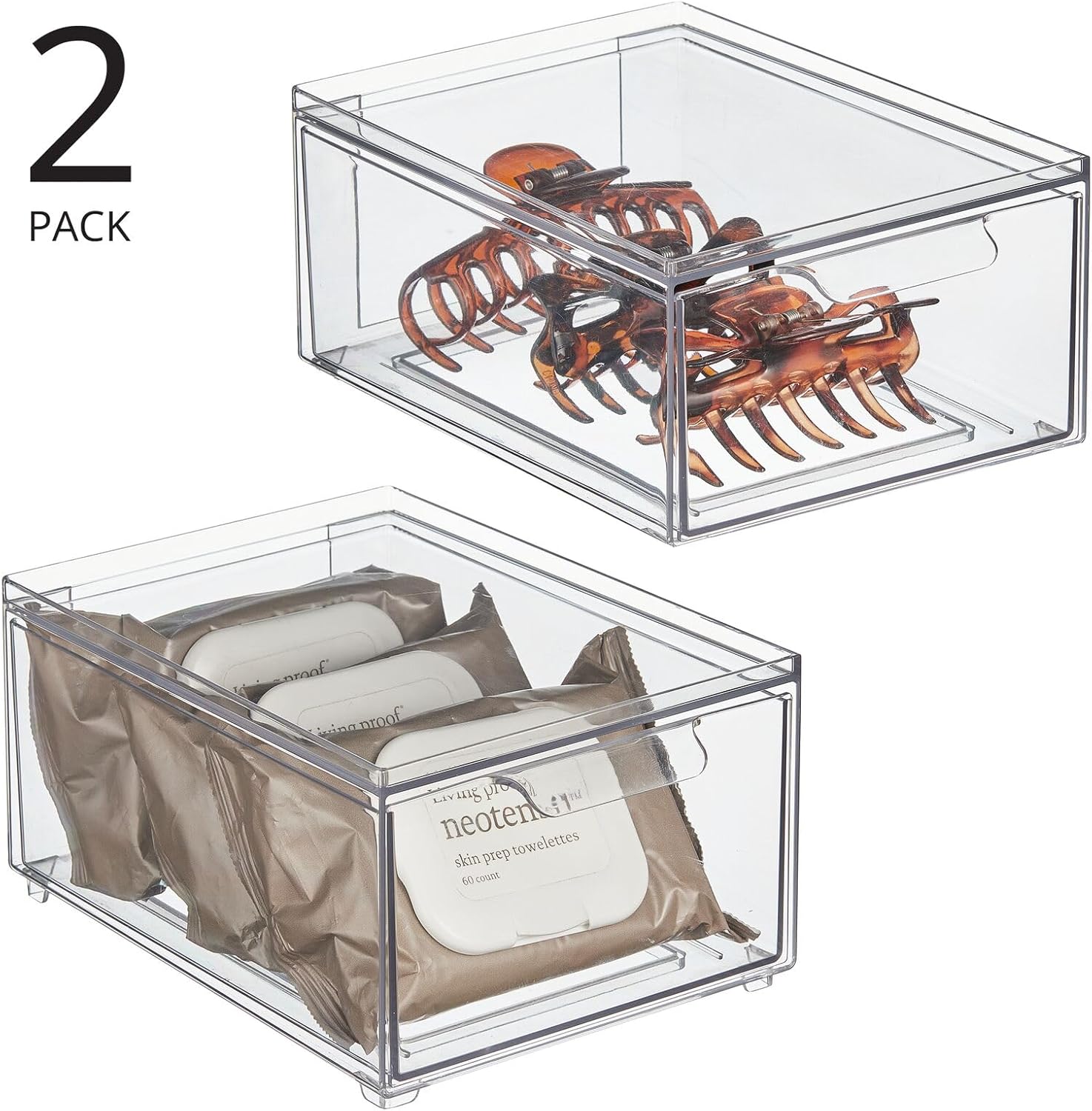 mDesign Contenedor organizador de baño de plástico con cajón extraíble, contenedor de almacenamiento delgado y apilable para accesorios de baño,