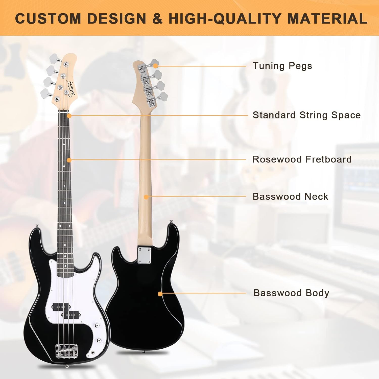 GLARRY Kit para principiantes de bajo eléctrico de tamaño completo de 4 cuerdas con AMP, cable, correa, bolsa y accesorios (negro)