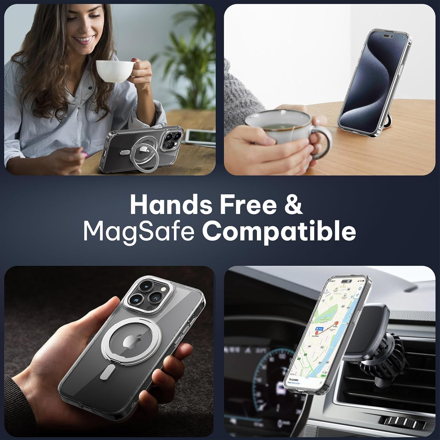 LOHASIC Funda transparente para iPhone 15 Pro Max, imán más fuerte compatible con Mag-Safe, anillo giratorio de soporte, parte trasera de