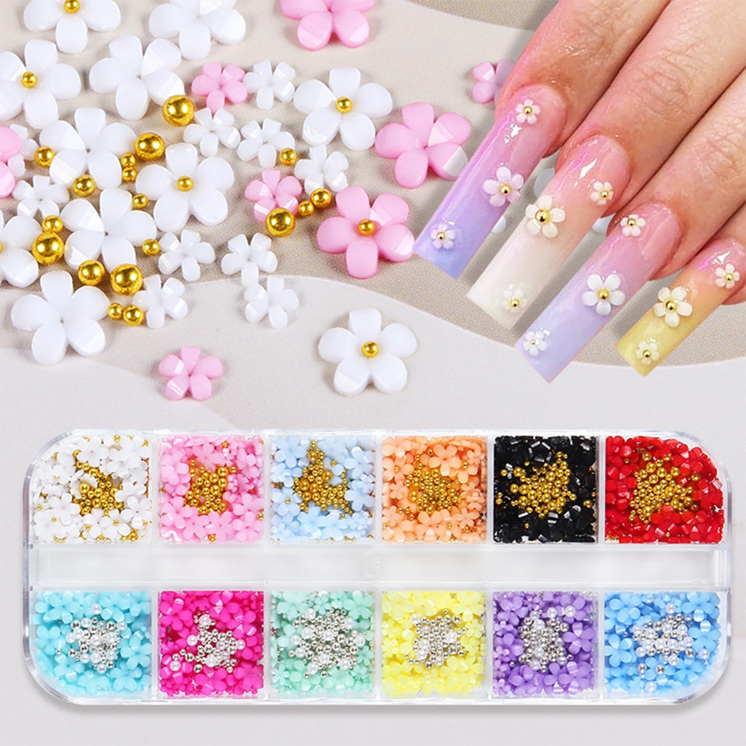 12 colores 3D de flores para arte de uñas, suministros de arte de uñas, mezcla de perlas doradas y plateadas para uñas acrílicas, diamantes de