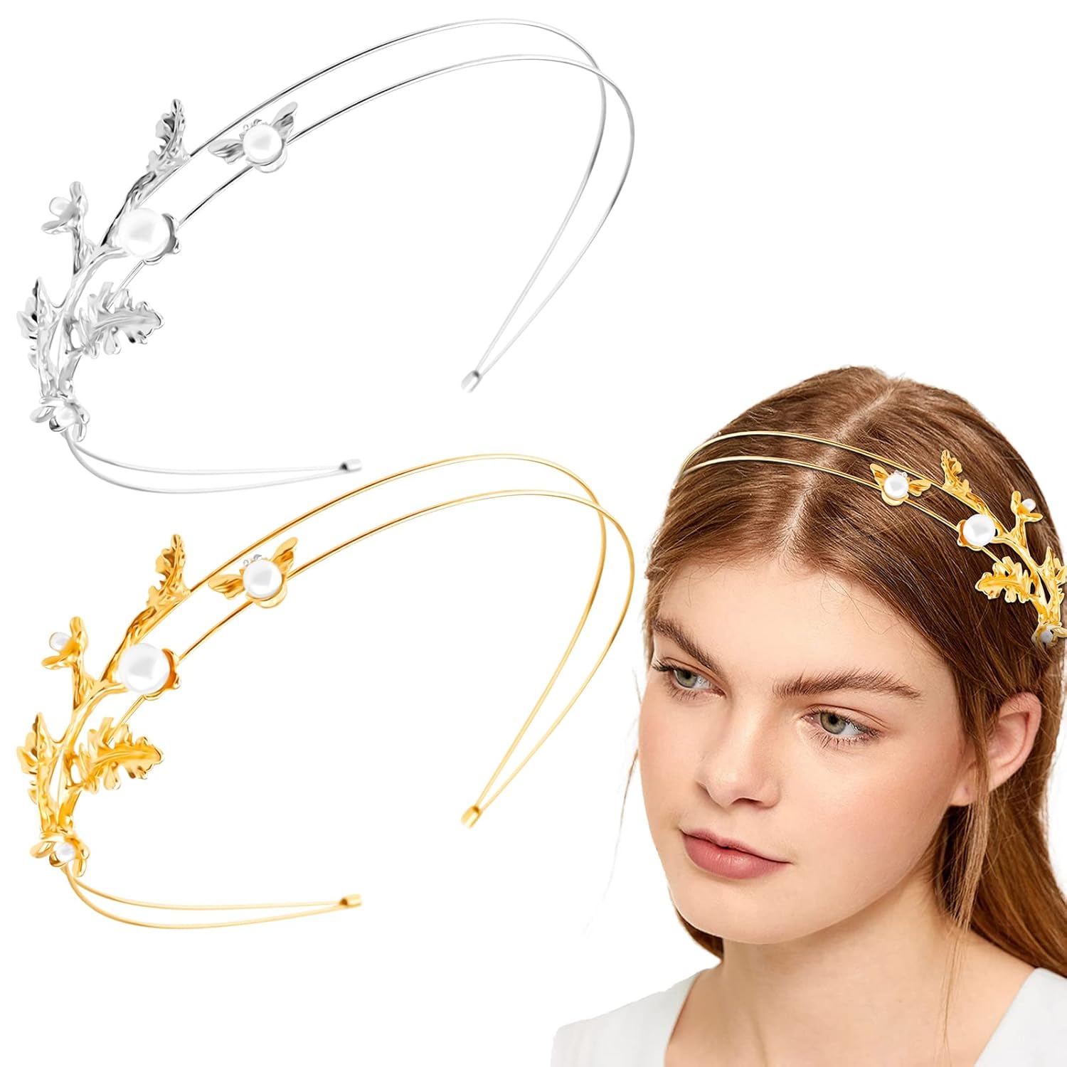 Aswewamt 2 diademas de perlas de hojas de aleación, aros de pelo para novia, accesorios para el cabello, adornos para mujeres y niñas elegantes