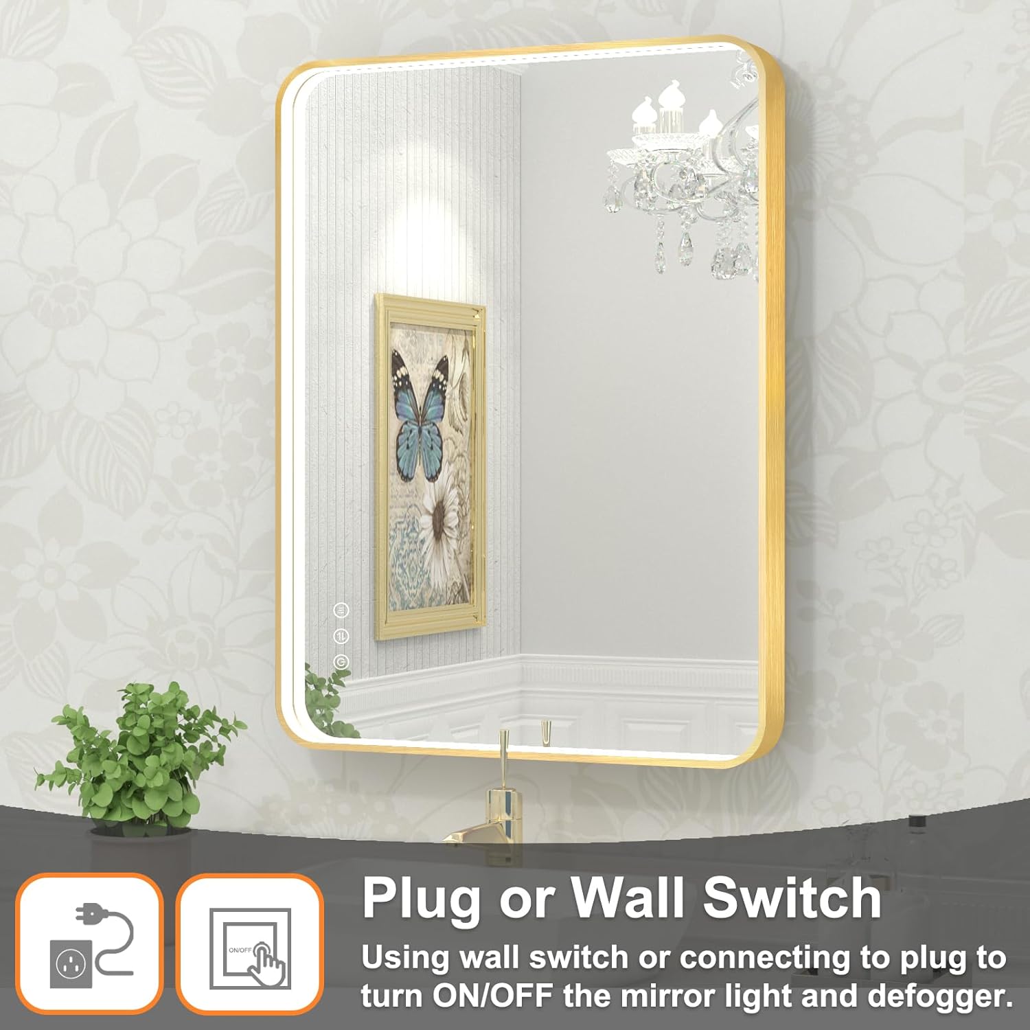Twalsu Espejo de baño LED de 24 x 36 pulgadas con luces, espejo LED con marco de metal dorado para baño, 3 colores y espejo de tocador iluminado