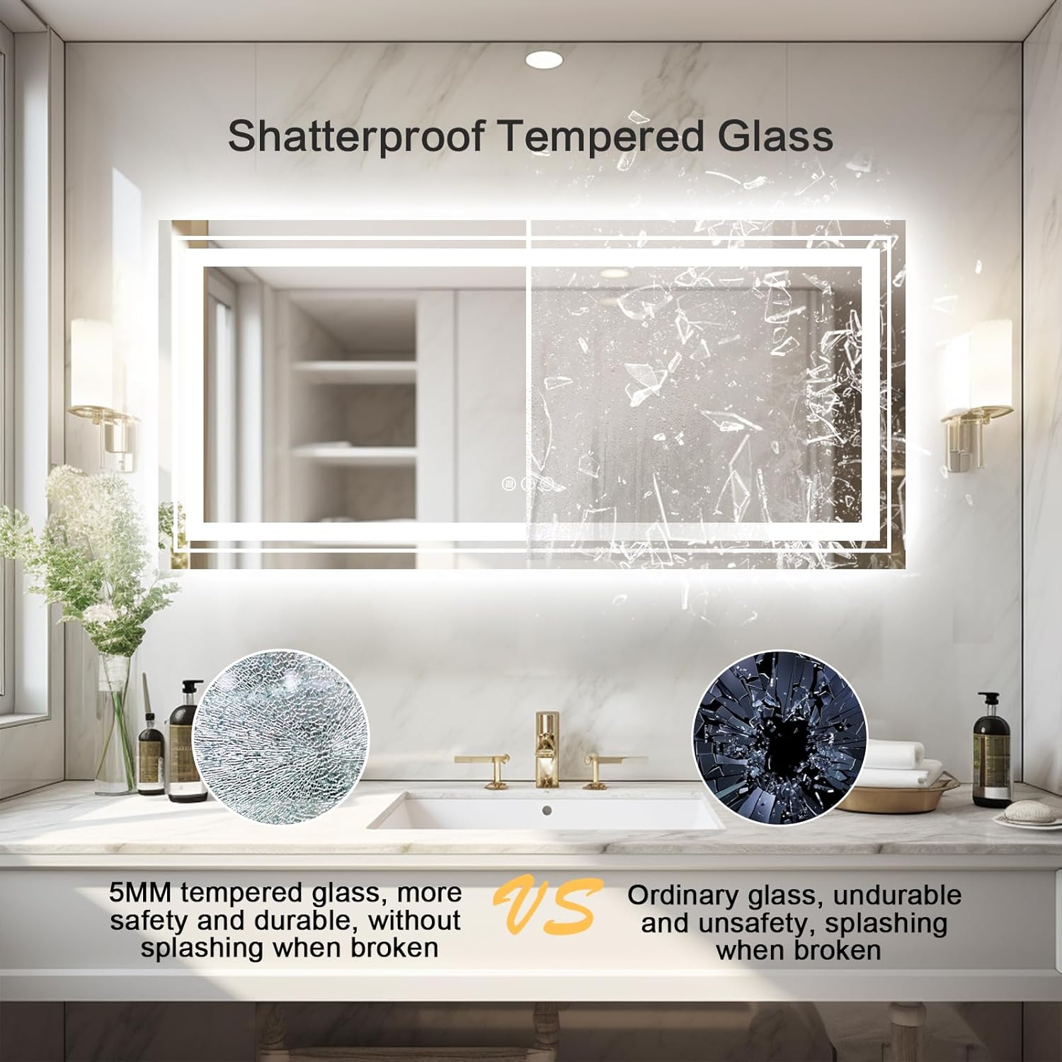 WTTY Espejo LED de 88 x 38 pulgadas para baño, regulable, grande, moderno, con retroiluminación y luz delantera, espejo de tocador de baño con luz