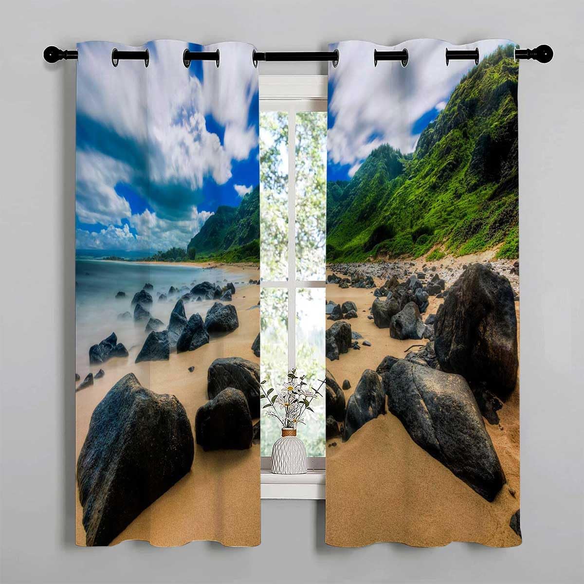 YANFENQI Cortinas para Habitacion Beach View Coastline Accordion Folding Doors Interior Acoustic Blanket 55Inch Width by 55Inch Length,2 Panels