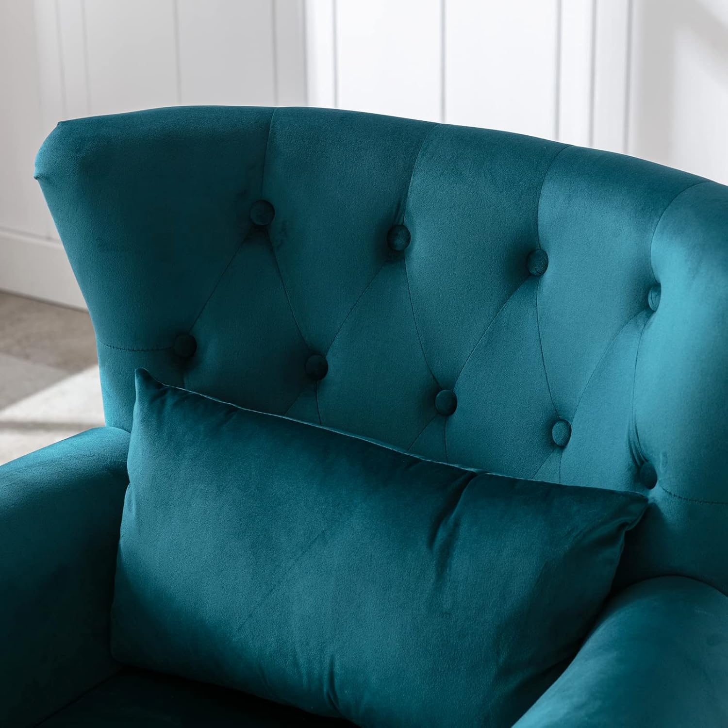 Silla decorativa moderna de mediados de siglo, sillón tapizado, cómodo sofá individual de terciopelo con respaldo copetudo con otomana para