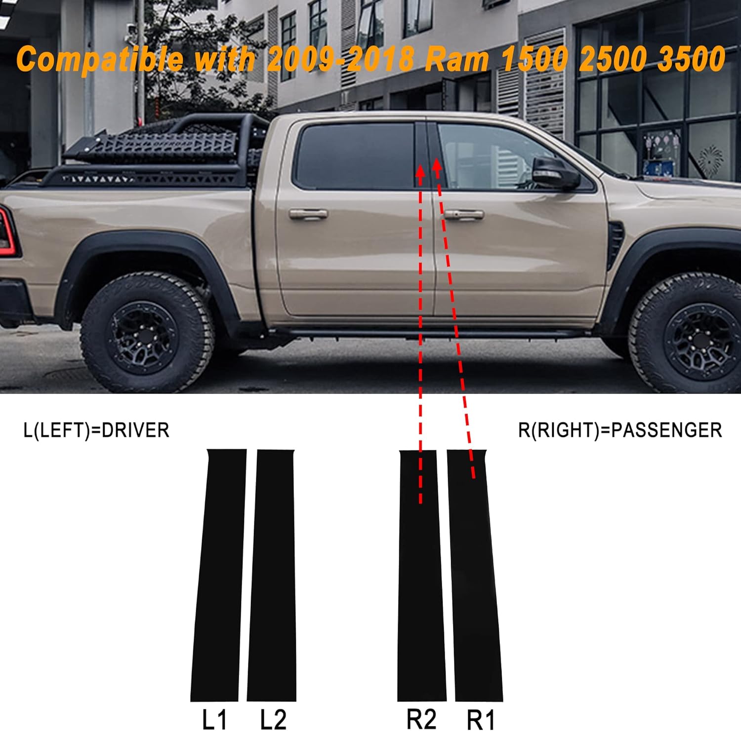 TOMALL Calcomanías de vinilo para poste de ventana de automóvil compatibles con Dodge Ram 1500 2500 3500 2009-2018, calcomanías de columna de