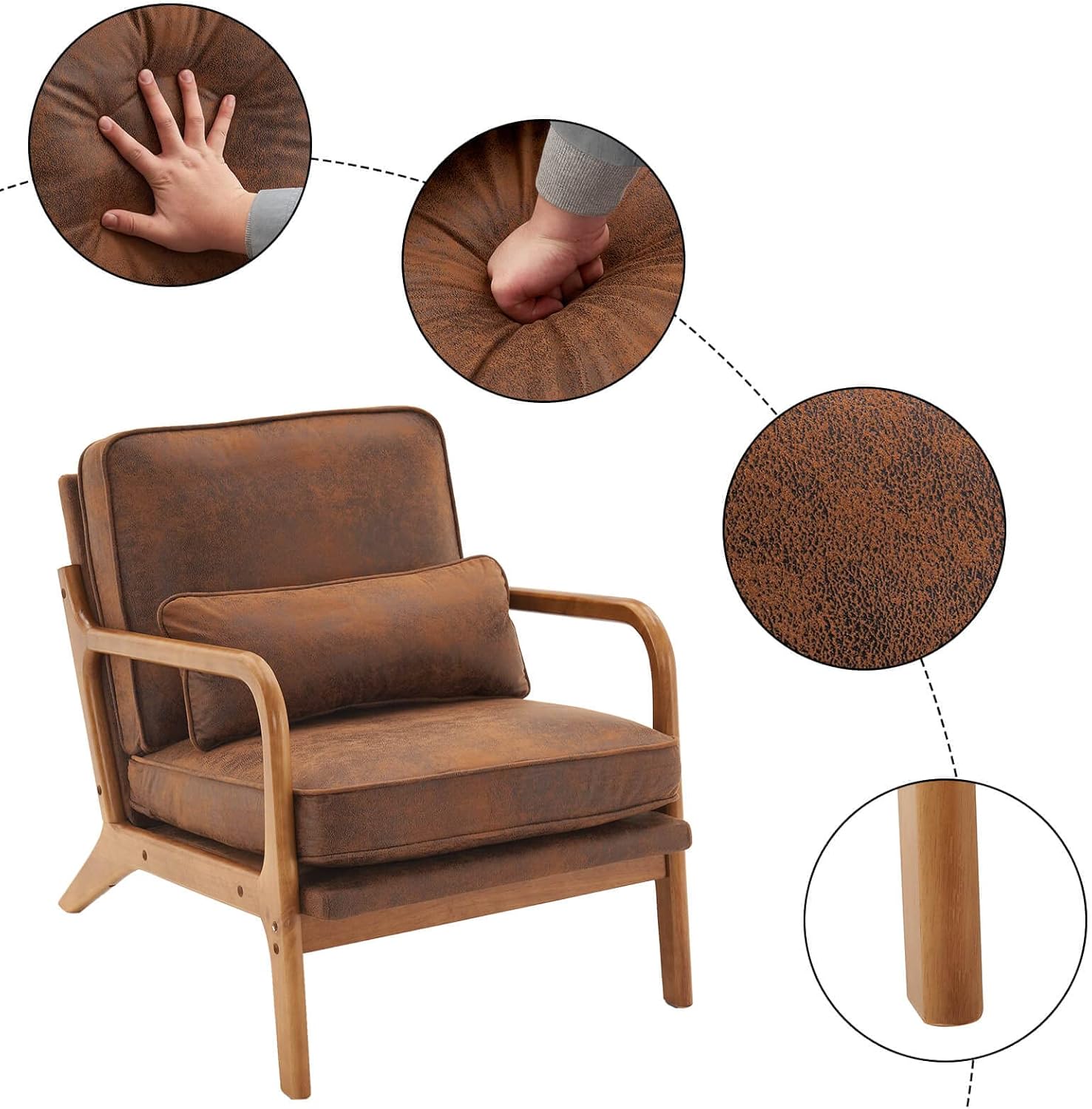Lestar Silla de salón individual, sillas de sofá de acento moderno, asiento tapizado de tela bronceadora con cojín de respaldo y almohada para sala