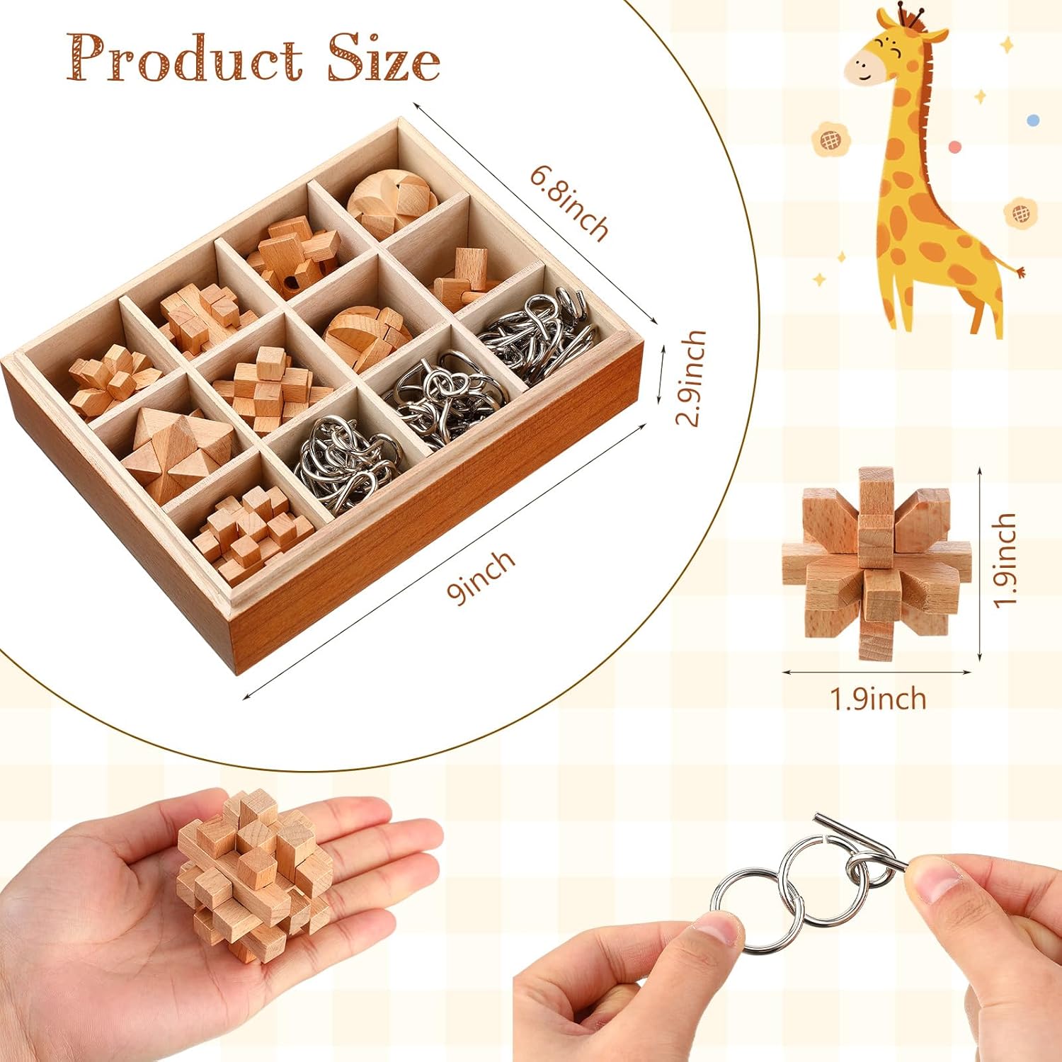 Yilloog Juego de 45 piezas de rompecabezas de madera 3D que incluye rompecabezas de metal y madera para desafiantes rompecabezas para adultos y