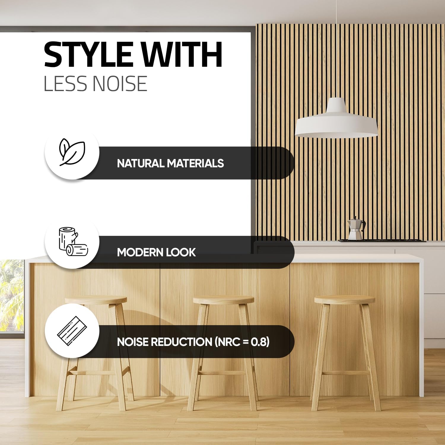 Paneles acústicos con lamas de madera, paquete de 2, 94.5″ x 11″ x 5164″ cada uno, de piso a techo, panel de madera para pared, para decoración de