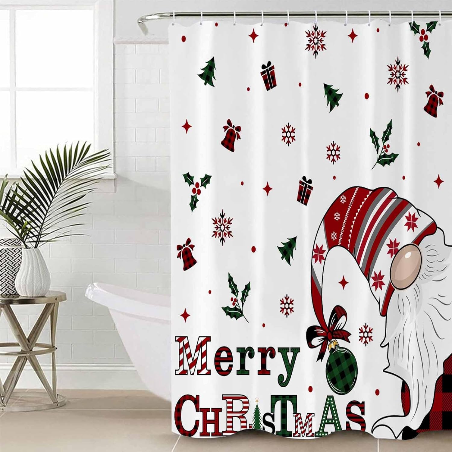 zzsunfeel Juego de cortinas de ducha impermeables con 12 ganchos, caja de regalo de gnomo de Feliz Navidad, campana, copos de nieve, bayas, 72 x 72