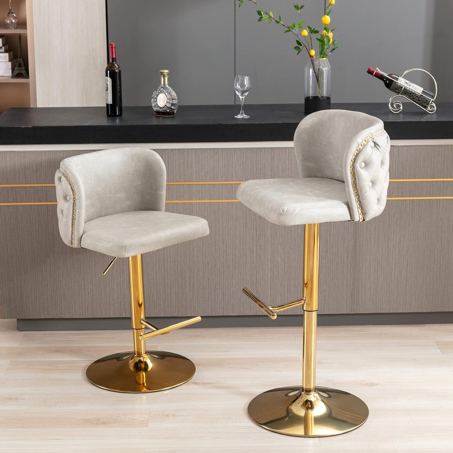 Juego de 2 taburetes de bar, taburetes de bar giratorios ajustables con respaldo copetudo y reposapiés, taburetes de cocina tapizados de poliuretano