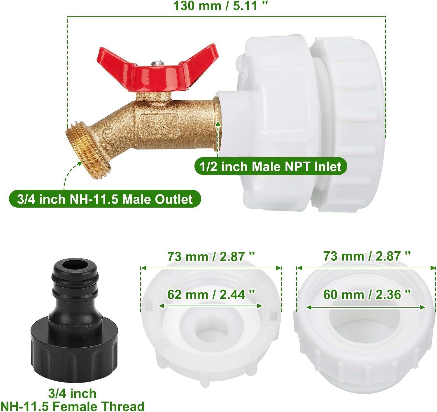 WADEO IBC – Adaptador de mano, adaptador de rosca fina de 2.44 pulgadas para tanque IBC de 275-330 galones, grifo de válvula de cierre de agua de
