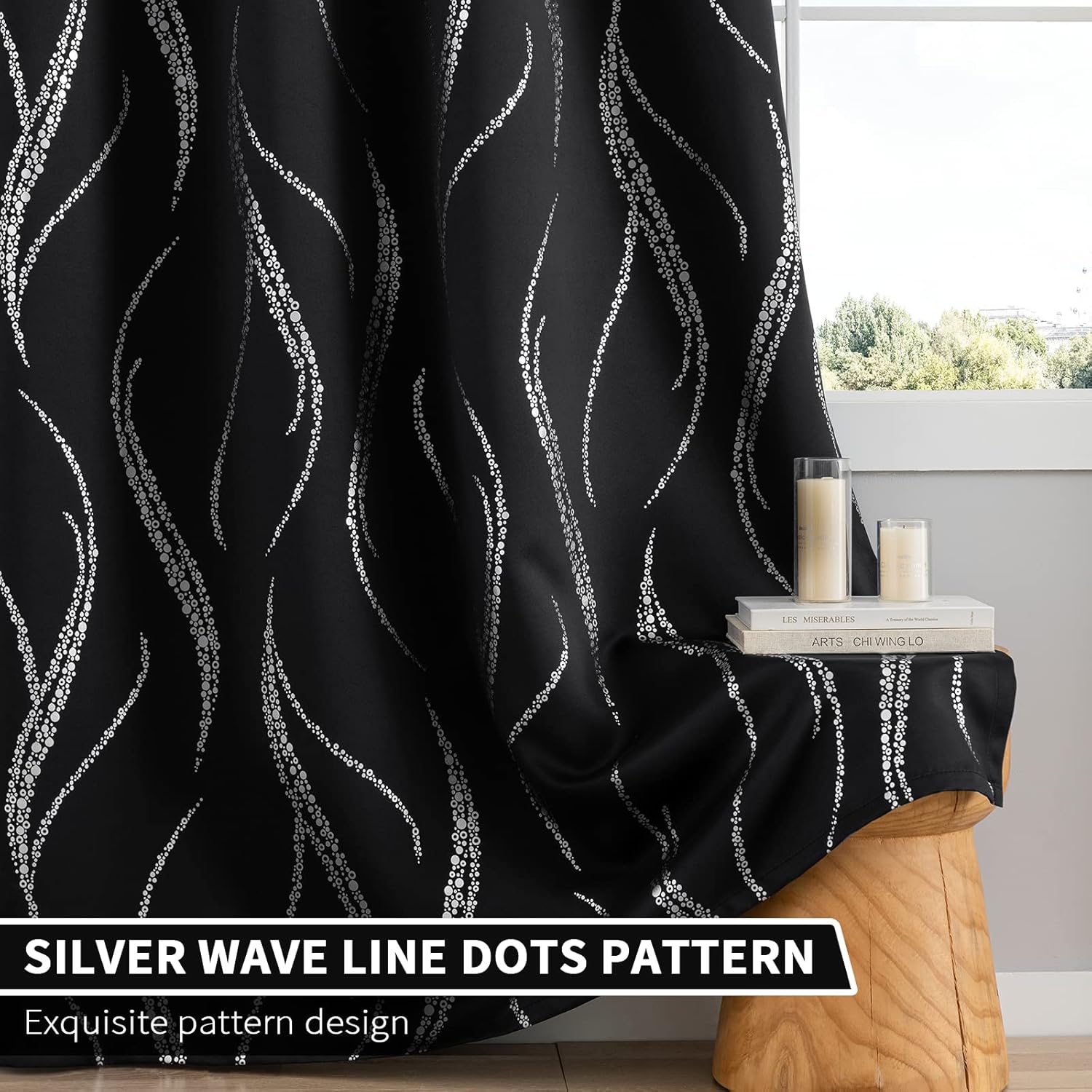 Yakamok Cortinas opacas de 84 pulgadas de largo para sala de estar, con aislamiento térmico y patrón de líneas onduladas plateadas, cortinas para