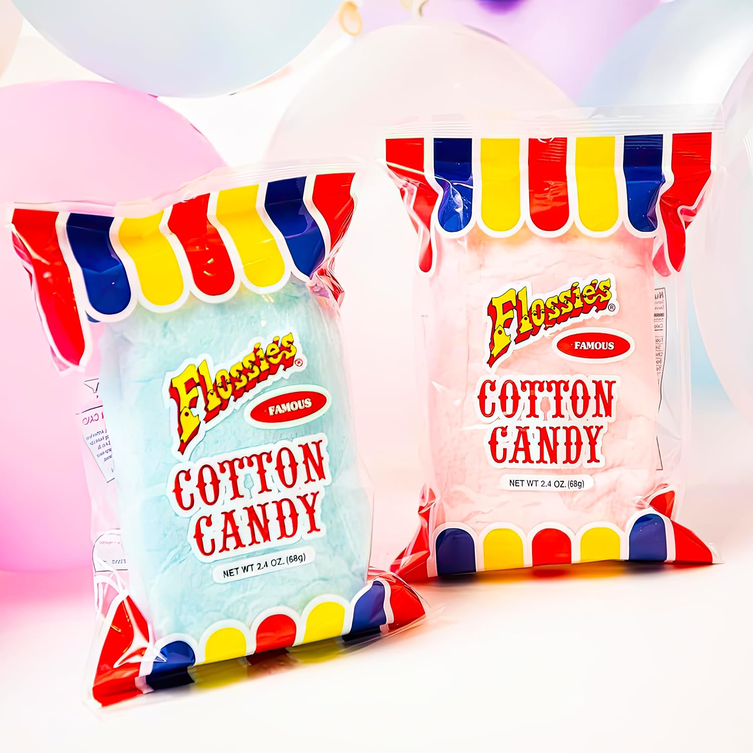 Flossie’s Famosos sabores de fiesta de algodón de azúcar azul y rosa, bolsa de 2.4 onzas (paquete de 12)