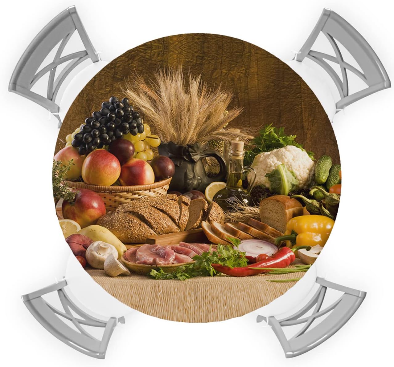 Savannan Round Tablecloth with Elastic Edged,Vintage Farmhouse Kitchen Food Fruit Vegetables Washable Reusable Tables Cover for Kitchen Dining Party