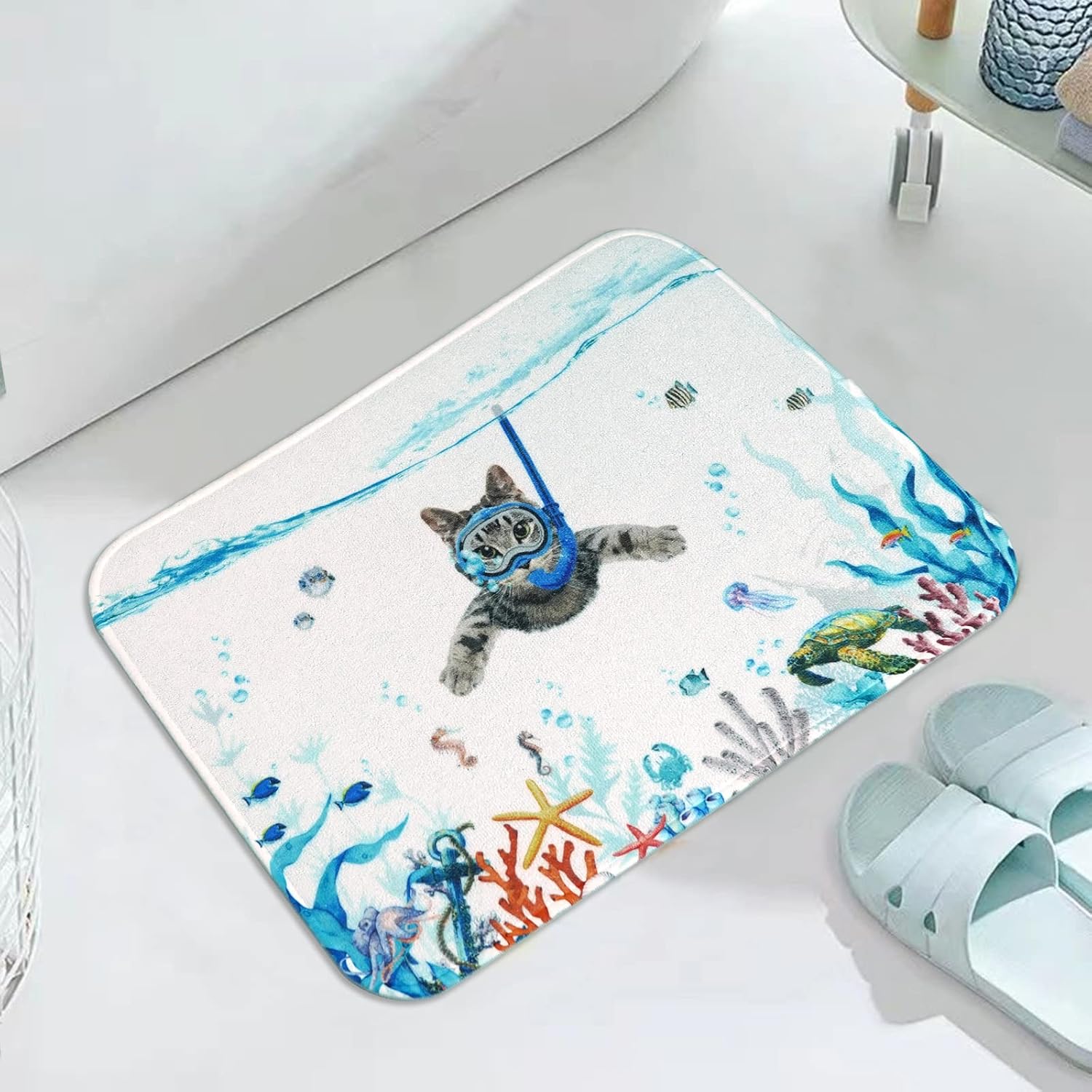 Fowocu Divertidas alfombras de baño con diseño de gatos, diseño de animales marinos y océanos, absorbentes de agua, antideslizantes, de microfibra