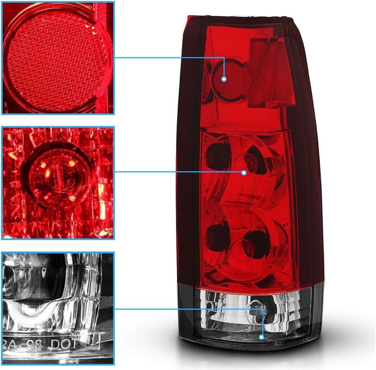 AmeriLite Juego de luces traseras de freno de repuesto para Chevy GMC FullSize CK 1500 2500 3500 Silverado Sierra Suburban rojo cristal transparente