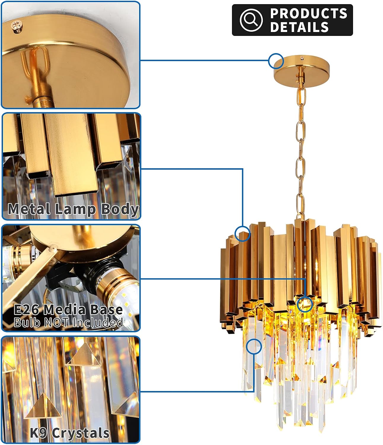 Candelabro de cristal moderno de 3 luces, luz colgante de cristal de lujo en oro, lámpara colgante redonda de cristal contemporáneo para sala de