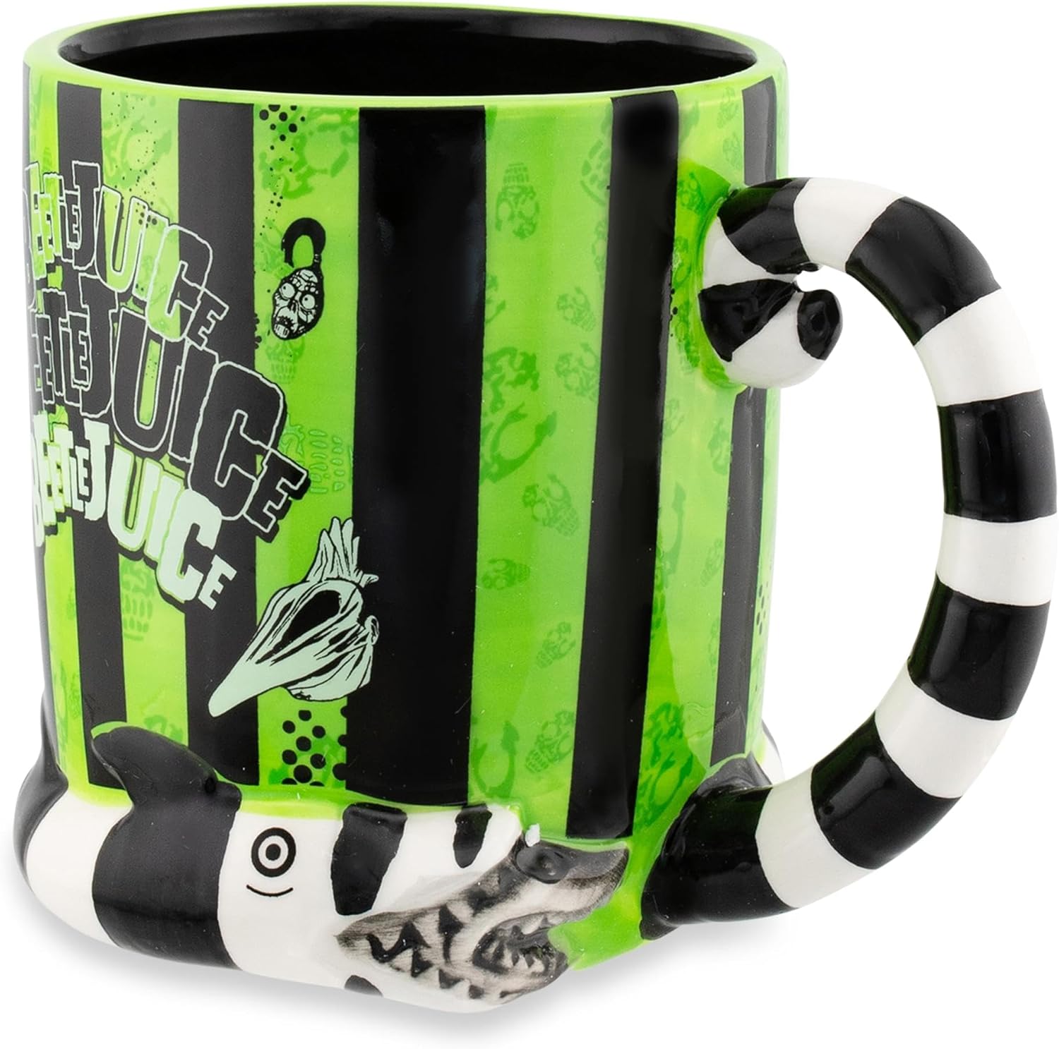 Silver Buffalo Beetlejuice – Taza de cerámica esculpida en 3D con diseño de rayas y nombres en caja, 24 onzas