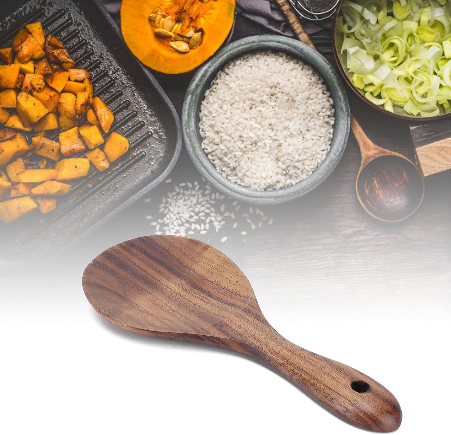 Paleta de arroz, cuchara de paleta de arroz de madera antiadherente con cabeza redonda poco profunda cuchara de madera para servir cuchara de arroz,