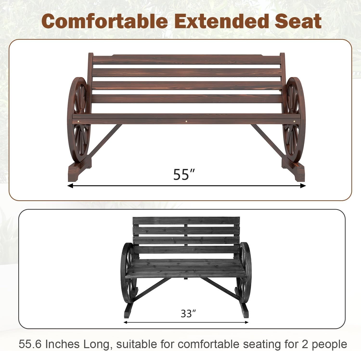 kinbor Banco rústico de madera de 55 pulgadas, asiento de banco para exteriores, banco para 2 personas con respaldo