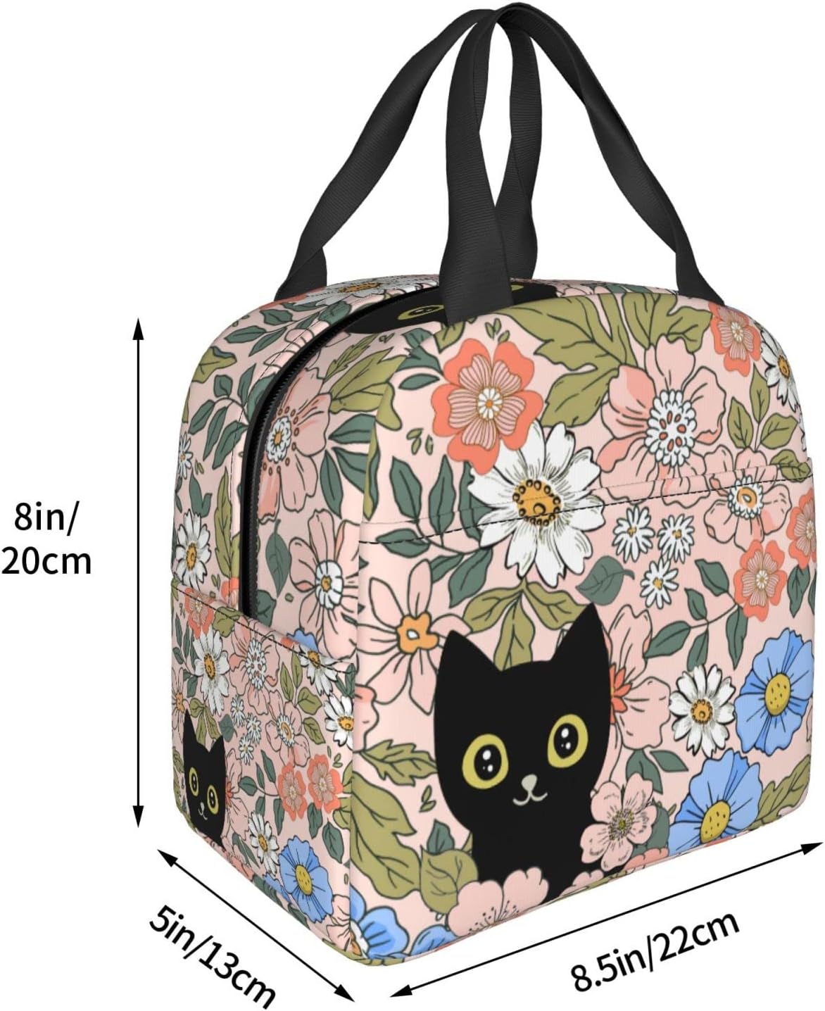 HIZUWKY Lonchera con diseño floral de gato negro, reutilizable, aislada, para adolescentes, niñas, niños, mujeres, para escuela, viajes, picnic,