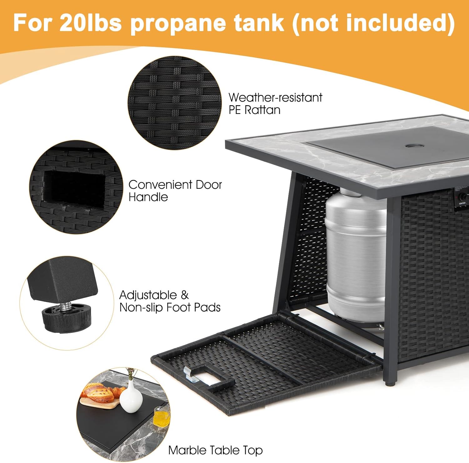 Tangkula Patiojoy – Mesa para fogata de gas propano de ratán de 35 pulgadas, 50,000 BTU para exteriores, con tapa, rocas de lava y cubierta de PVC,