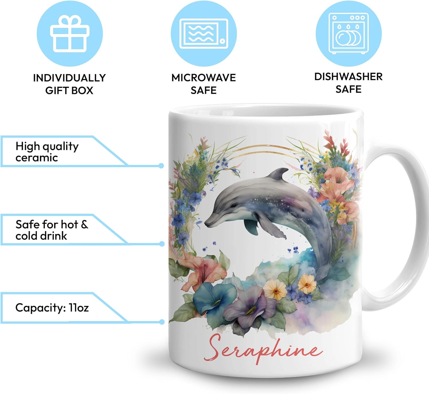 Hyturtle Taza personalizada de delfín, regalos para niñas, hombres y mujeres, regalos de cumpleaños para amantes de los delfines, regalos de