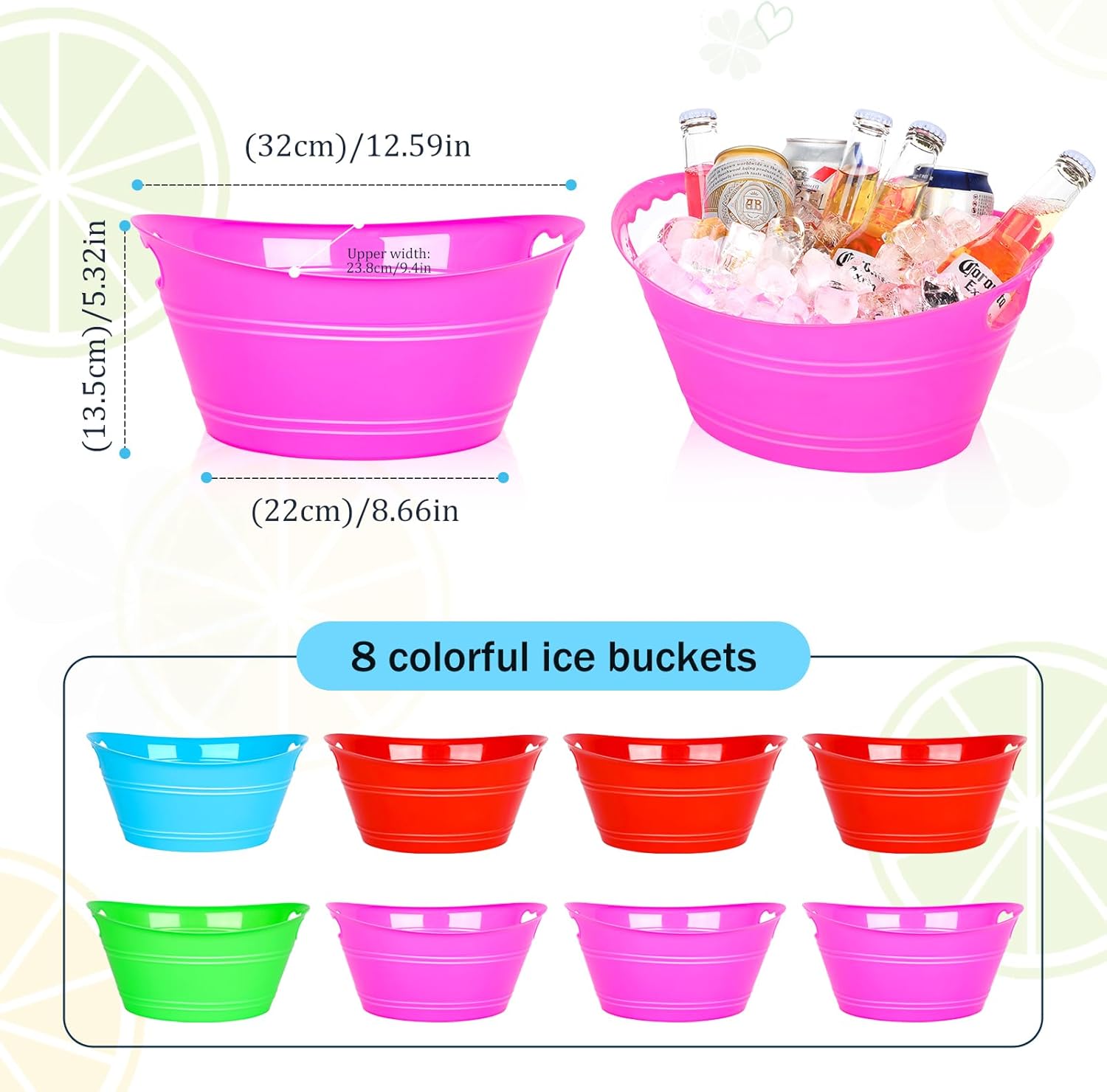 8 cubos de hielo, cubos de hielo de plástico para fiestas, cubos de bebidas con asas, cubos de bebidas, recipiente de plástico ovalado para botellas