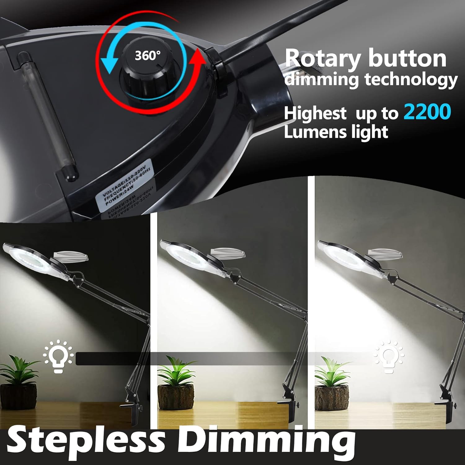 Addie – Lámpara LED de lupa con abrazadera, 1200 lúmenes, intensidad regulable, espectro completo de luz de día súper brillante, lente de la lupa de