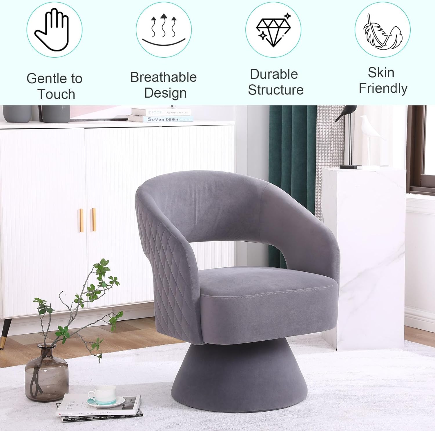 ODUWA Silla giratoria de barril de acento, moderna silla redonda de terciopelo con respaldo abierto curvo, cómoda silla giratoria de 360 grados para