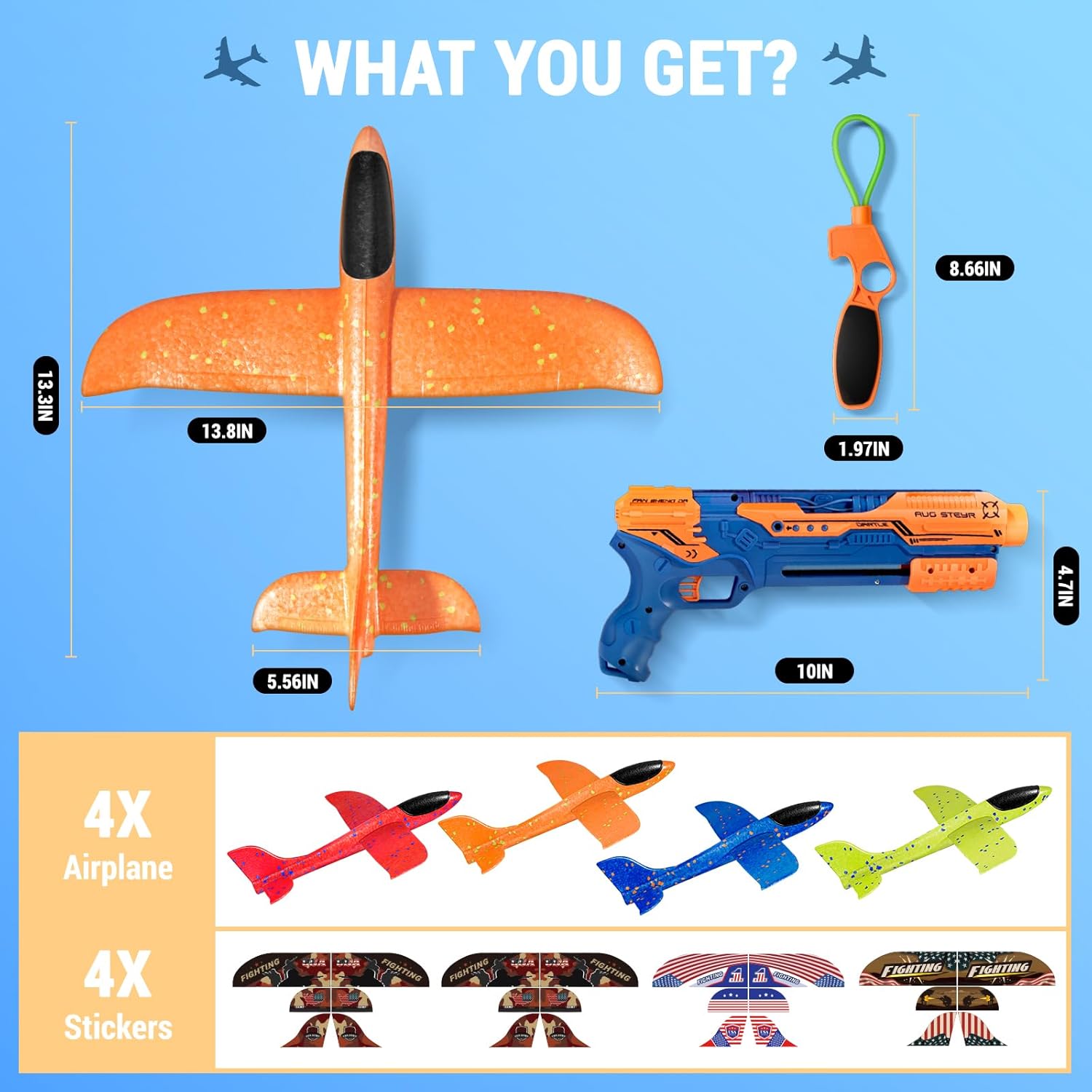 HapKid Paquete de 4 lanzadores de aviones, aviones de espuma con 2 modos de vuelo, tirachinas y calcomanías de bricolaje, juguete volador al aire