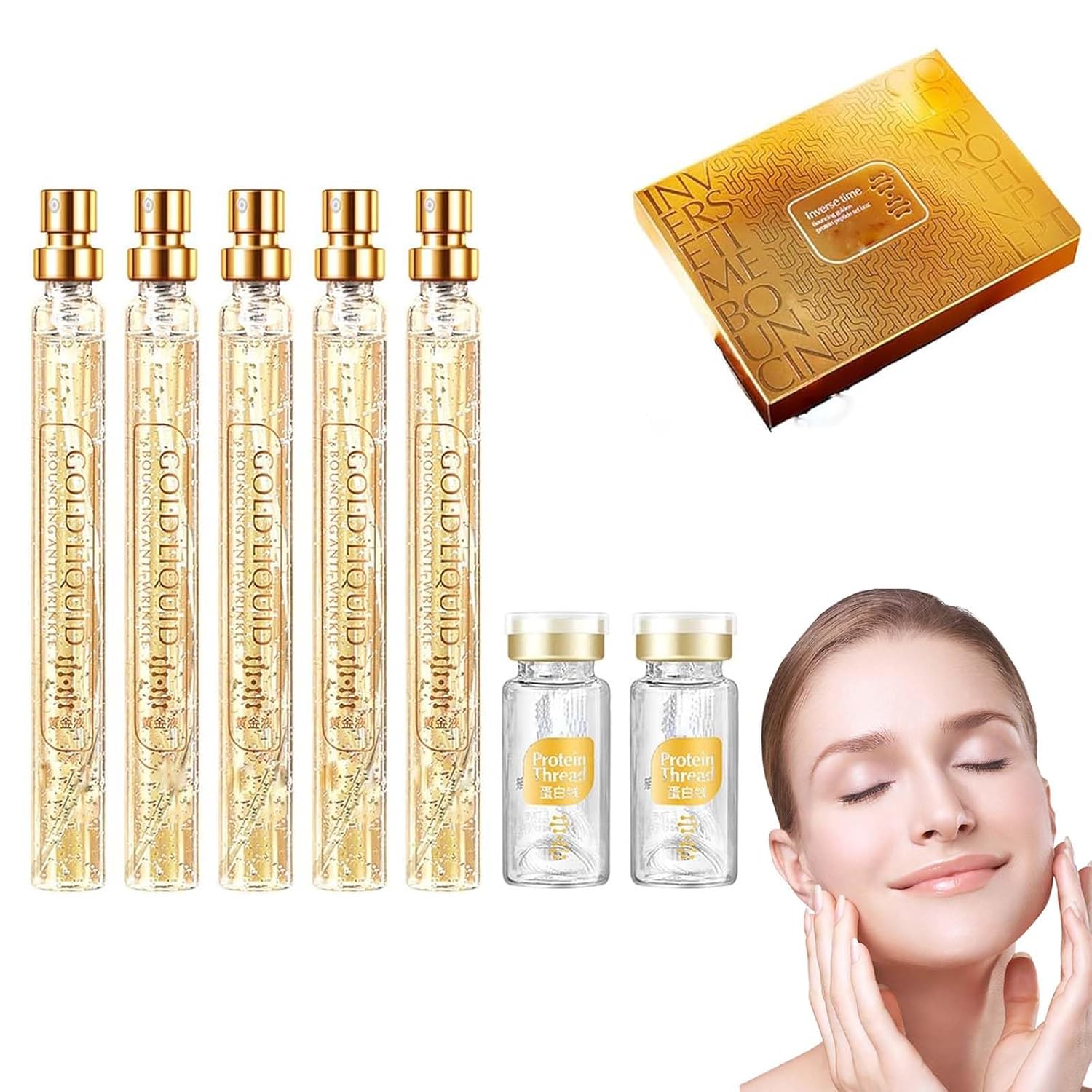 Essentiallé – Juego de hilos de elevación instantánea de piel, suero de esencia nano dorado, hilo de proteína soluble y combinación de esencia nano